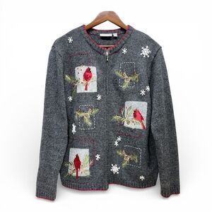 Croft Barrow Christmas Sweater Women L Full Zip Wool Blend Birds Embroidered